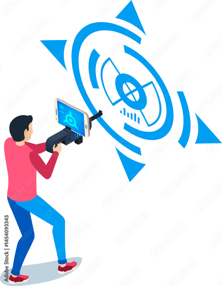 Poster man using a smartphone attached to a futuristic controller pointing at a digital target, experiencin