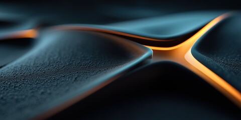 3D abstract surface design featuring intersecting soft black forms with glowing cyan and orange light streaks for digital art or UI backgrounds,