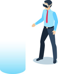 Businessman wearing virtual reality headset interacting with holographic light projection, isometric view of person experiencing metaverse environment