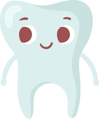 Cartoon illustration of a smiling tooth with big eyes and small arms standing on a white background, promoting dental health and hygiene for children