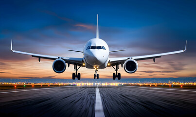 Obraz premium Airplane soars, centered over a runway at sunset, with wings wide and a blurred foreground indicating speed