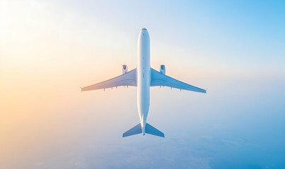 Obraz premium Airplane soars through bright sky, viewed from above against a backdrop of sunny skies and soft cloud layers