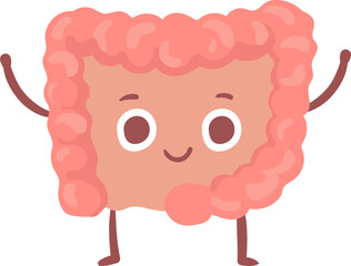 Cartoon illustration featuring a joyful intestine with arms raised high and a big smile, celebrating the importance of digestive health and overall well being in a vibrant, friendly style