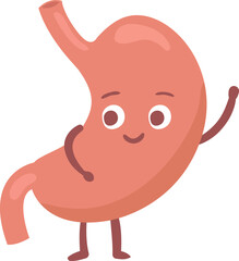 Cartoon illustration of a happy stomach waving and smiling, promoting digestive health and well being, ideal for healthcare and educational materials