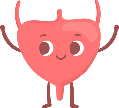 Cartoon illustration of a healthy happy human bladder raising arms and smiling, promoting awareness of urinary health and encouraging regular checkups