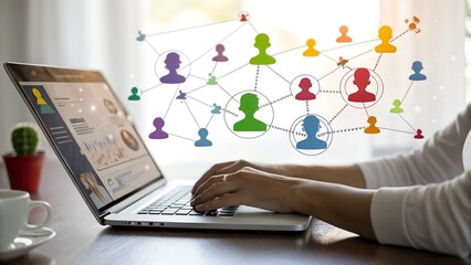 Market segmentation and audience analysis. Consumer profiling marketing strategy. Marketer using laptop computer to analyze target customer persona.