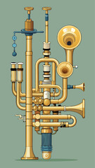 A cartoon drawing of a brass instrument with a lot of parts. The drawing is colorful and playful, with a sense of whimsy and creativity. The idea behind the drawing is to showcase the complexity