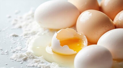 Group of eggs on a white surface with a pile of flour scattered around them. in the center of the image, there is a broken eggshell with the yolk spilling out of it.