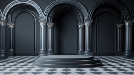 Obraz premium Elegant Architectural Space with Arched Columns and Checkerboard Floor