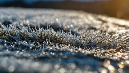 Close-up frozen grass blades coated with ice crystals, sunlight glints off ice on a cold morning in nature, winter season