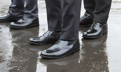 Black shoes reflect on wet ground. Men in dark trousers, formal attire, arranged closely. Gray tones, wet pavement texture