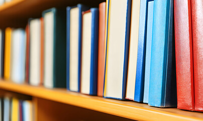 Fototapeta premium Books neatly arranged on a wooden shelf, spines facing outwards with colorful covers, creating a vibrant learning environment