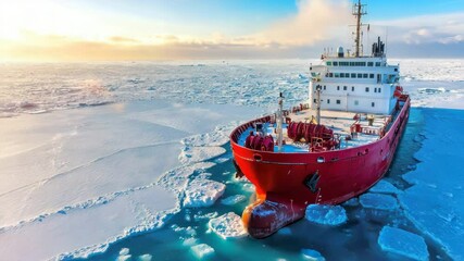 Icebreaker ship navigating through frozen Arctic waters under a colorful sunset sky.