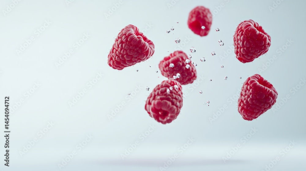 Poster several ripe red raspberries are suspended in clear water, surrounded by tiny air bubbles, creating 