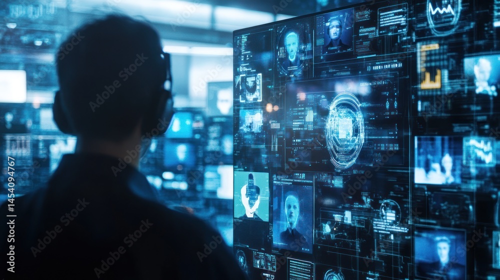 Poster person observing large interactive display with numerous data streams, faces and complex visual data