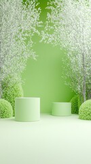 Obraz premium Green scene platforms surround by foliage. Abstract nature background. Spring aesthetic