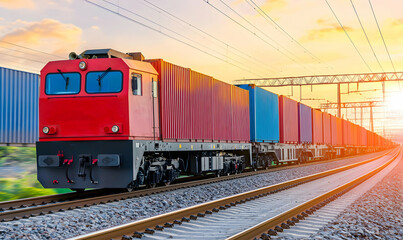 Fototapeta premium Cargo train transporting freight in colorful containers on railway tracks under a bright sunset sky