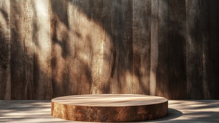 Natural Wooden Display Stand on Rustic Background with Soft Shadows