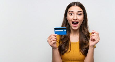 Fototapeta premium Excited woman holds a blue credit card against a neutral backdrop, conveying enthusiasm for financial possibilities. Ready to shop and save!