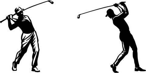 Obraz premium Silhouettes, golf swing sequence, black and white, dynamic poses, retro style, vintage illustration, motion study, sports art, minimalist design, high contrast, four figures, golf clubs, golf attire