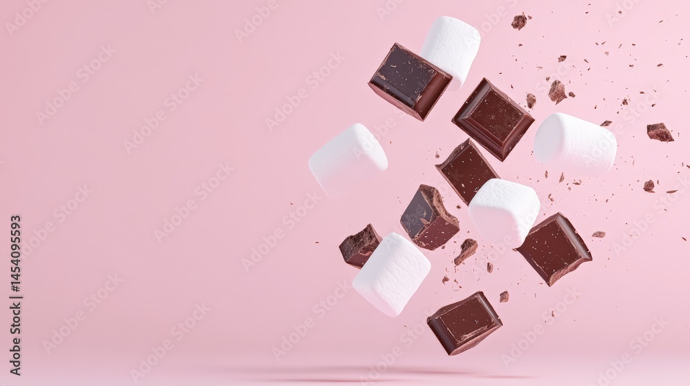 Aufkleber White marshmallows and dark chocolate chunks are levitating on a pink background, creating a playful and tempting scene with small chocolate crumbs scattered around