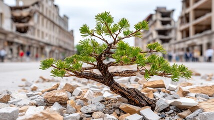 Resilient Bonsai Tree Amidst Urban Destruction Symbol of Hope and Renewal