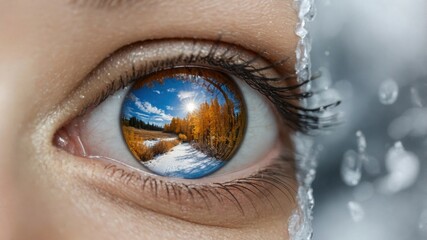 Naklejka premium Eye reflecting snow covered path through autumn forest with blue sky, eyelashes and frozen skin details, nature connection