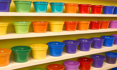 Colourful ceramic pots on shelf