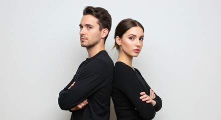 Back-to-back couple conveys potential conflict, relationship strain, or differing opinions against a clean, neutral background.