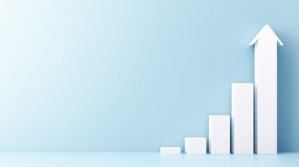 A minimalistic bar chart showing growth with ascending white bars on a blue background.
