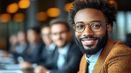 Man in business meeting, focused and smiling