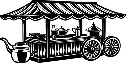 Obraz premium Cartoon Tea stall, vibrant colors, street market, awning, snacks and drinks, hanging lamps, potted plants, flat design, vector illustration, cheerful atmosphere, outdoor eatery, compact kiosk, street