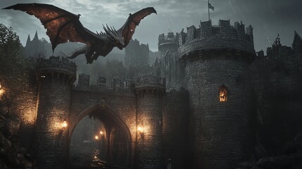 Digital illustration depicts a dark castle with a dragon soaring above a gothic stone archway.