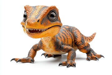Obraz premium Adorable prehistoric reptile. Small, orange and black lizard, with large eyes and a wide mouth. Detailed texture