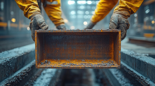 Workers in yellow protective gear carefully handle a rusty, rectangular metal component in an industrial setting