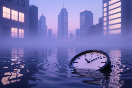Analog Clock Floating on Water with City Skyline in the Background