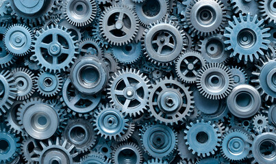 Gears Interlocked Metallic cogs and wheels meshed together, creating complex machinery. Bluish hue enhances mechanical details