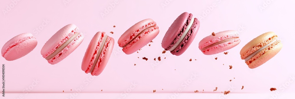 Poster Seven colorful macarons are levitating on a pink background, with crumbs falling around them, creating a visually appealing and delicious scene