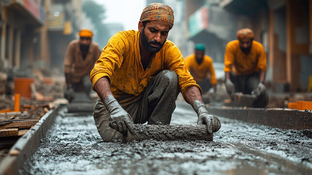 Workers smoothing wet concrete on a construction site