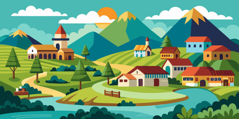 Colorful cartoon village, whimsical houses, curvy roads, vibrant landscape, playful architecture, rounded shapes, cheerful colors, cloud-dotted sky, toy-like buildings, miniature town