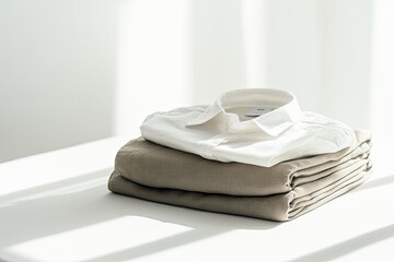 Folded white shirt and tan pants resting on a table, bathed in natural light.  Soft, casual clothing items displayed in a studio setting