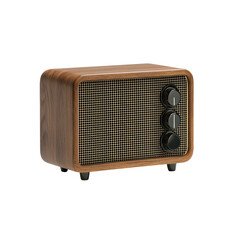 Vintage wooden radio with a classic design, fabric speaker grille, and three control knobs for tuning and volume adjustment, retro style, decorative object on transparent background