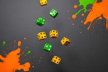 Floating green and yellow dice against a dark background, surrounded by vibrant orange and green paint splashes, create a playful, energetic tone