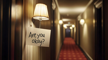 Hotel hallway with concerning note questioning well-being and personal health
