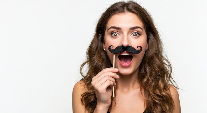 Enthusiastic woman with a fake mustache on a stick, expressing joy with an open mouth. Celebrating a party with fun props.