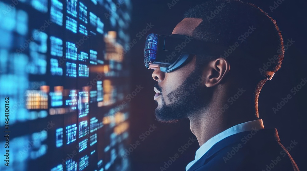 Aufkleber man wearing vr headset interacting with digital data