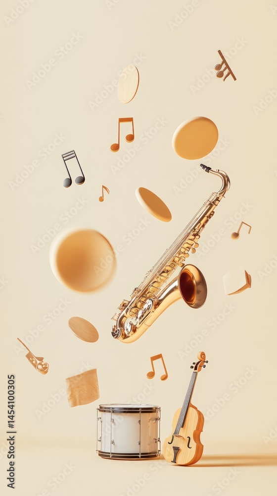 Poster saxophone, violin, drum and musical notes floating on pastel yellow background, creating a surreal a
