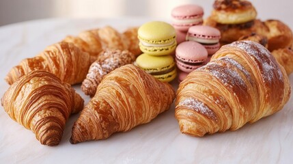 Freshly baked croissants and colorful macarons on marble table