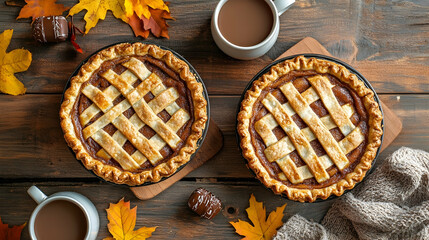 Rustic autumnal arrangement featuring homemade pies, warm beverages, and seasonal foliage