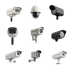 Collection of nine different surveillance security cameras in various styles and angles including dome, box, bullet, and PTZ cameras for security monitoring on transparent background